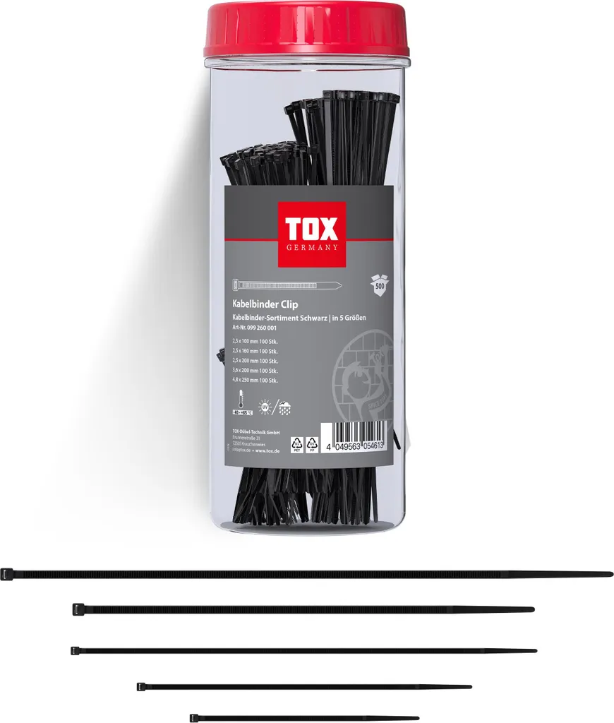 Collier de Serrage Noir TOX Clip - Lot de 500 Serre-câbles en Nylon