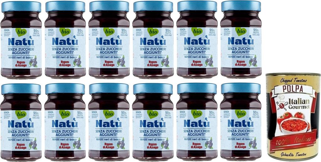 12x Rigoni di Asiago Natù Mirtilli Neri di Bosco -Blaubeerenzubereitung,Blaubeerenkonfitüre Ohne Zuckerzusatz 240g + Italian Gourmet Polpa di Pom...