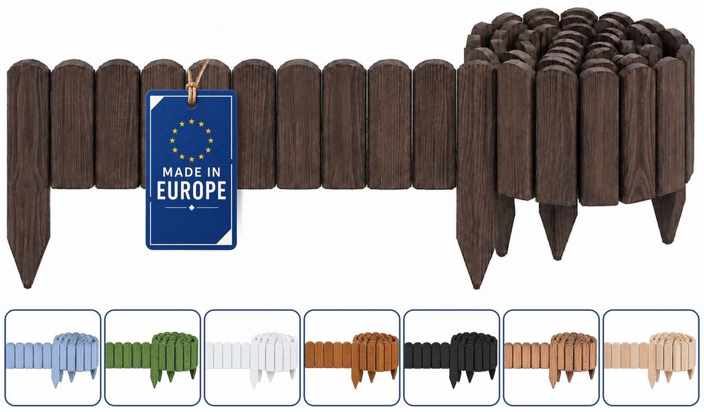 Woodygift Beeteinfassung Holz Rollzaun Gartenzaun Rasenkante Palisade Flexibler Rollborder für Beet und Rasen Dunkelwalnuss 10x200 cm