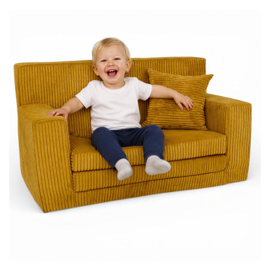 Kindersofa aus Schaumstoff Gelb, ausklappbar und bequem, Polstersofa für Kinderzimmer zum Sitzen, Lesen und Entspannen
