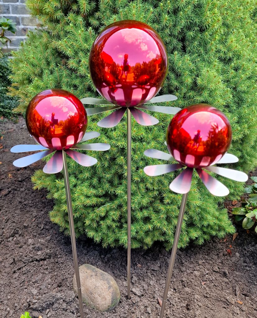 Blütenzauber Rotterdam Rosenkugel 15/10/10 cm Edelstahl rot poliert Gartenstecker mit Stab 80 cm