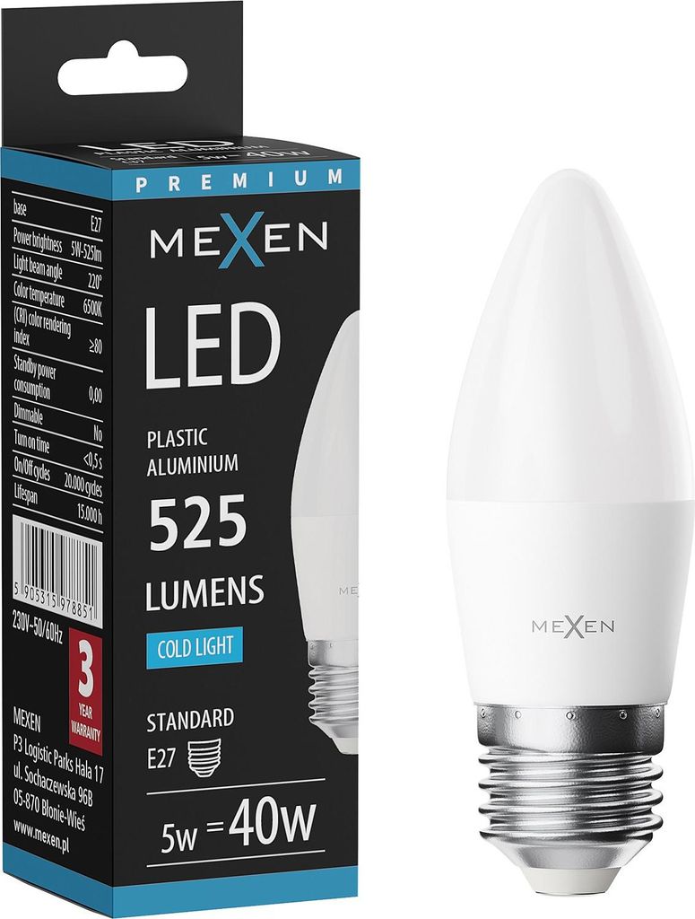 Mexen Nova LED-Glühbirne E27, C37, 5W, Kalt - 6500K, 525 lm Produktbild 