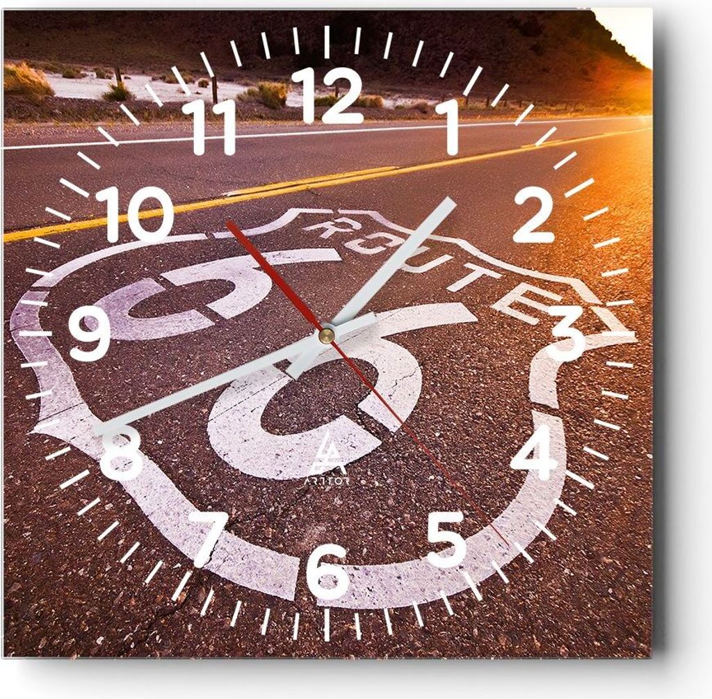 Wanduhr - Quadrat - Glasuhr - Usa wegweg 66 freiheit reise - 30x30cm - Schleichendes Uhrwerk - Lautlos - zum Aufhängen bereit - Dekoration Modern ...