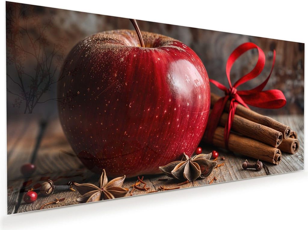 Glasbild 110x55cm in XXL für Wohnzimmer, Schlafzimmer Motiv Apfel mit Zimt
