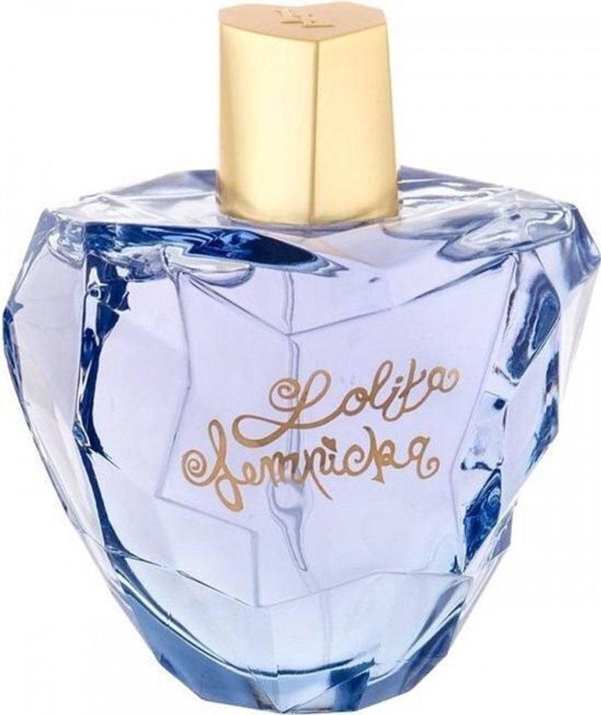 A product shot of a blue glass perfume bottle with a gold cap.