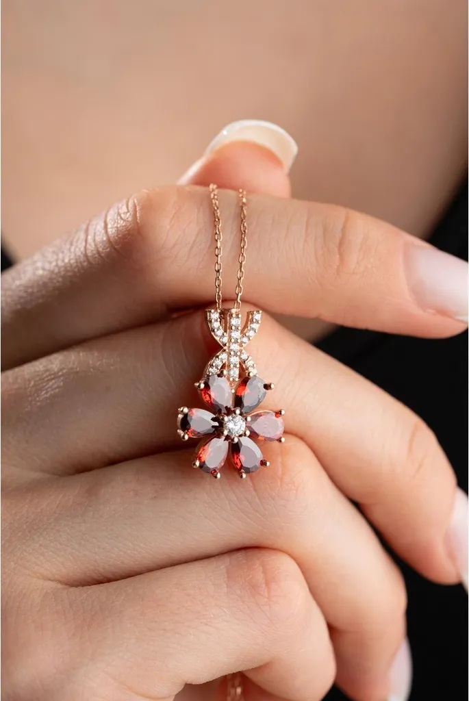 Collier Femme Argent 925 Pendentif Fleur Zircone Rouge - Longueur 45cm