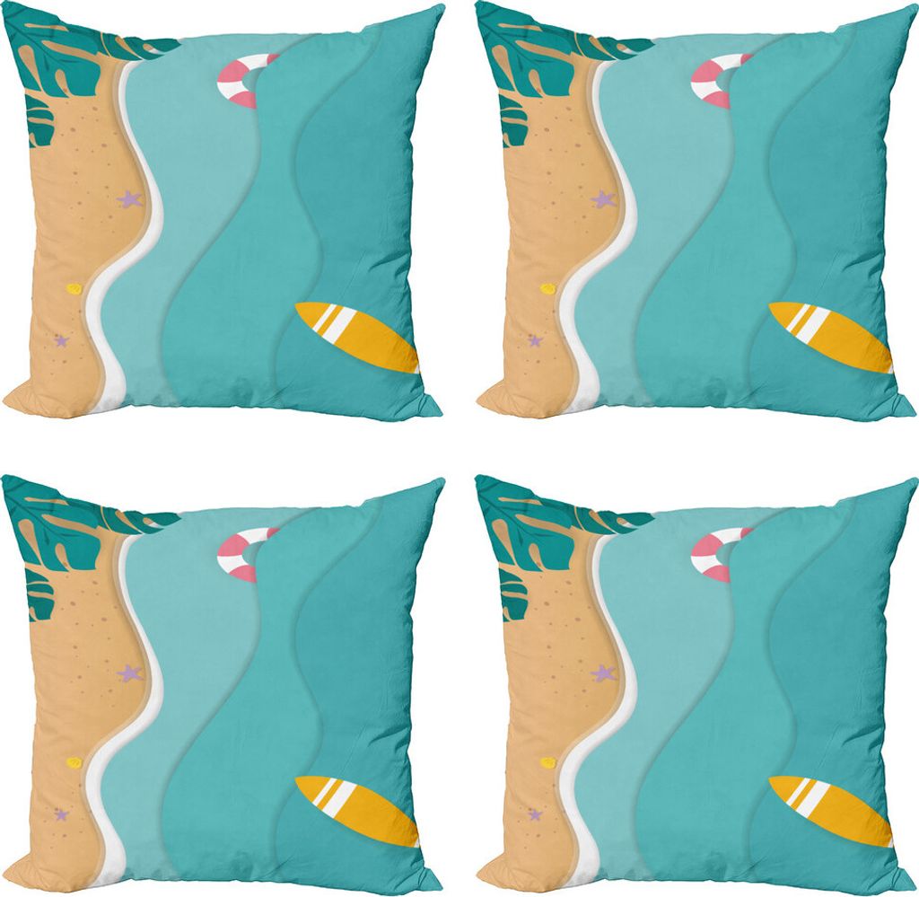 ABAKUHAUS Sommer Kissenbezug Set (4 Stück), Luft Cartoon Meer und Strand, Moderner Doppelseitiger Digitaldruck, 60 cm x 60 cm, Teal Pastell Brown