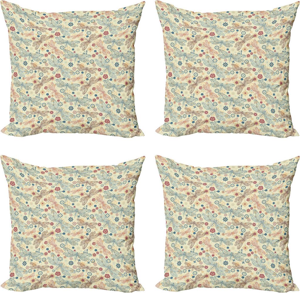 ABAKUHAUS Libelle Kissenbezug Set (4 Stück), Libellen und Blumen, Moderner Doppelseitiger Digitaldruck, 45 cm x 45 cm, Türkis und Burgund