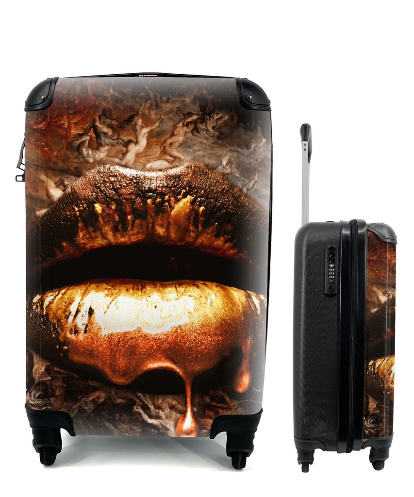 MuchoWow Koffer Handgepäck Trolley Rollkoffer Kleine Reisekoffer mit 4 Rollen - Gold - Lippen - Kunst - Gold - Luxus - Abstrakt - Cabin Size < 5...