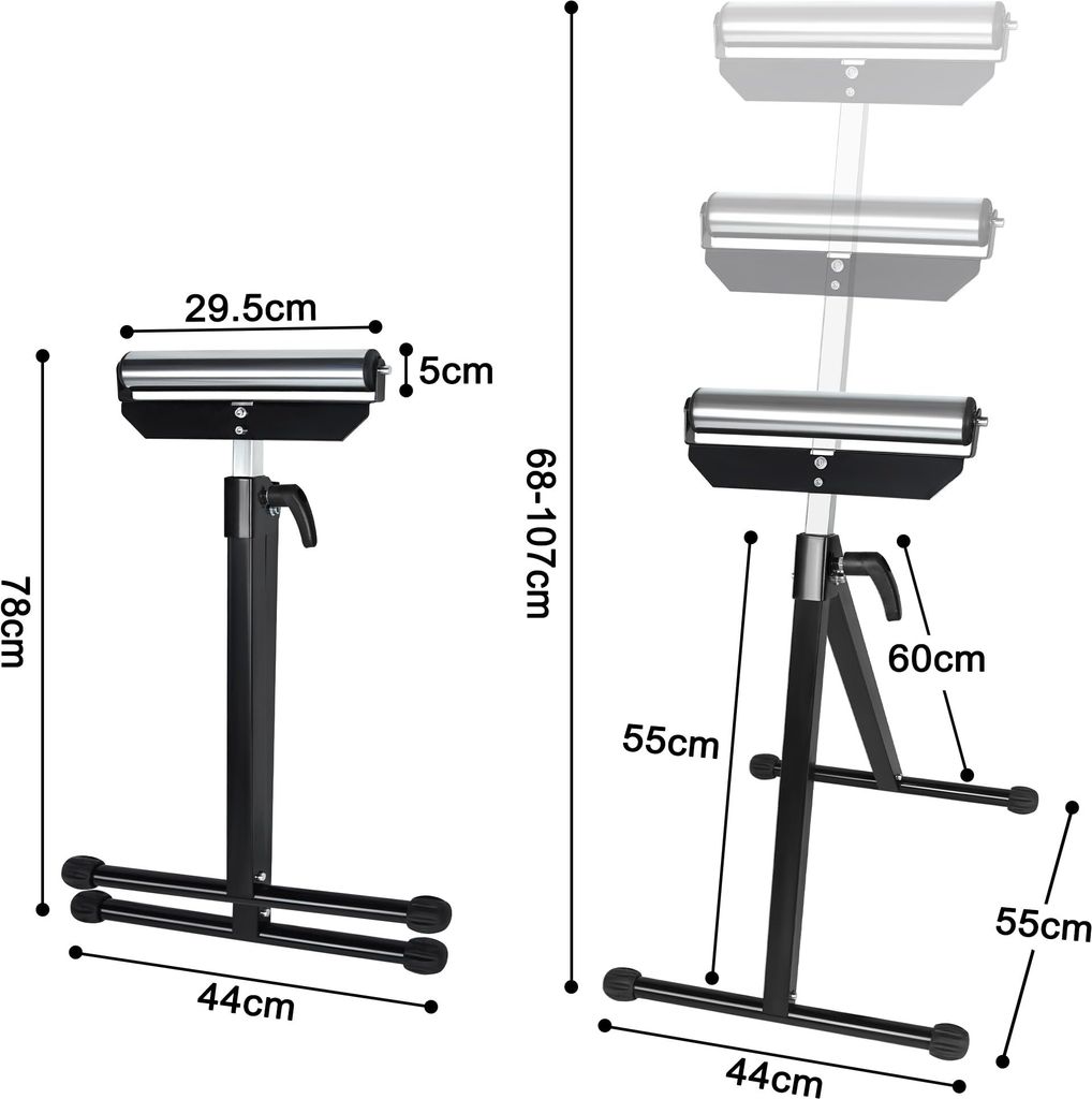 Two adjustable roller stands are shown with dimensions indicated by lines and text.