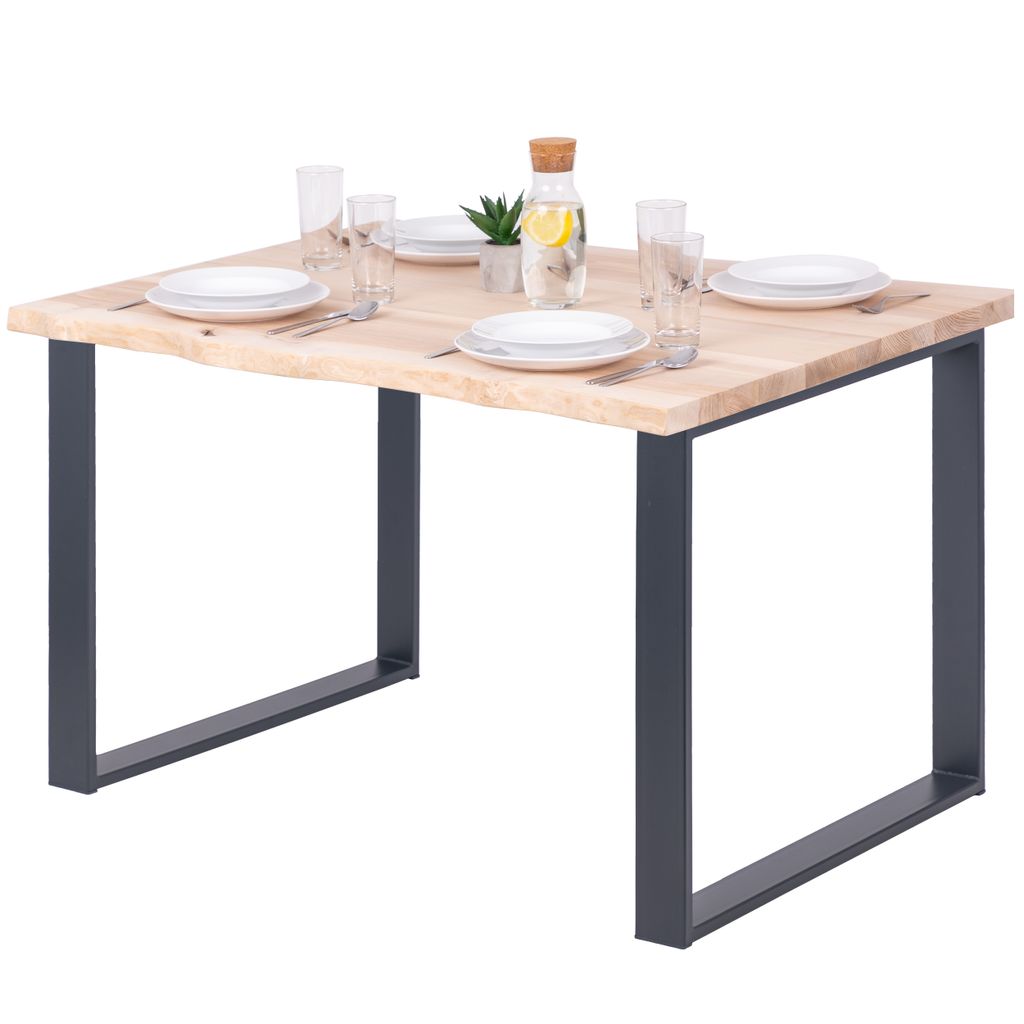 LAMO Manufaktur Esstisch Schreibtisch Baumkante 120x80x76 cm (LxBxH), Massivholz / Modern, Esche Roh / Anthrazit, LEB-01-A-001-7016M