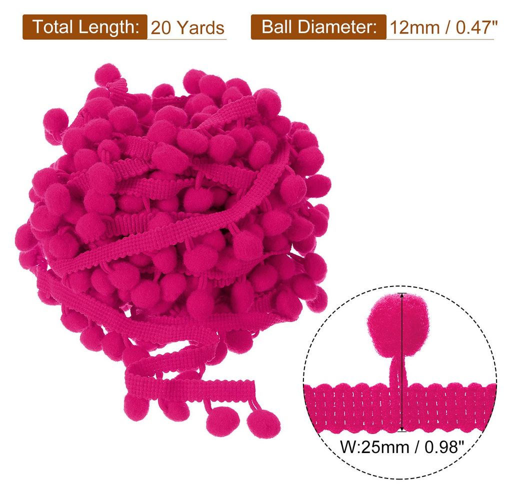 20 Yards Pom Pom Ball Fransenbesatz, Band N?hzubeh?r DIY Basteln fš¹r Zuhause Vorhang Kleidung Kissen Dekoration (12mm, Fuchsia)