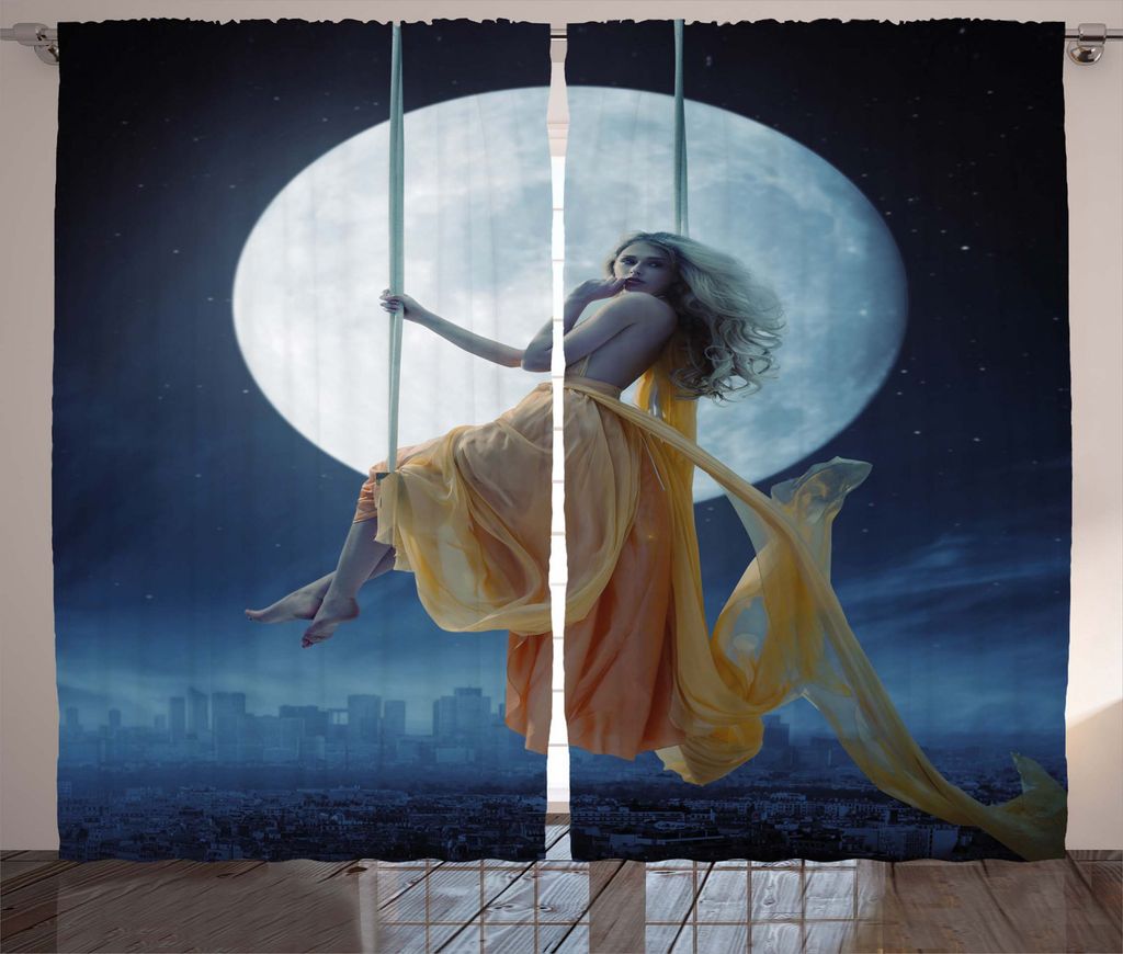 ABAKUHAUS Platz Rustikaler Gardine, Schwingen im Himmel Mond, Schlafzimmer Kräuselband Vorhang mit Schlaufen und Haken, 280 x 245 cm, Dunkelblau u...