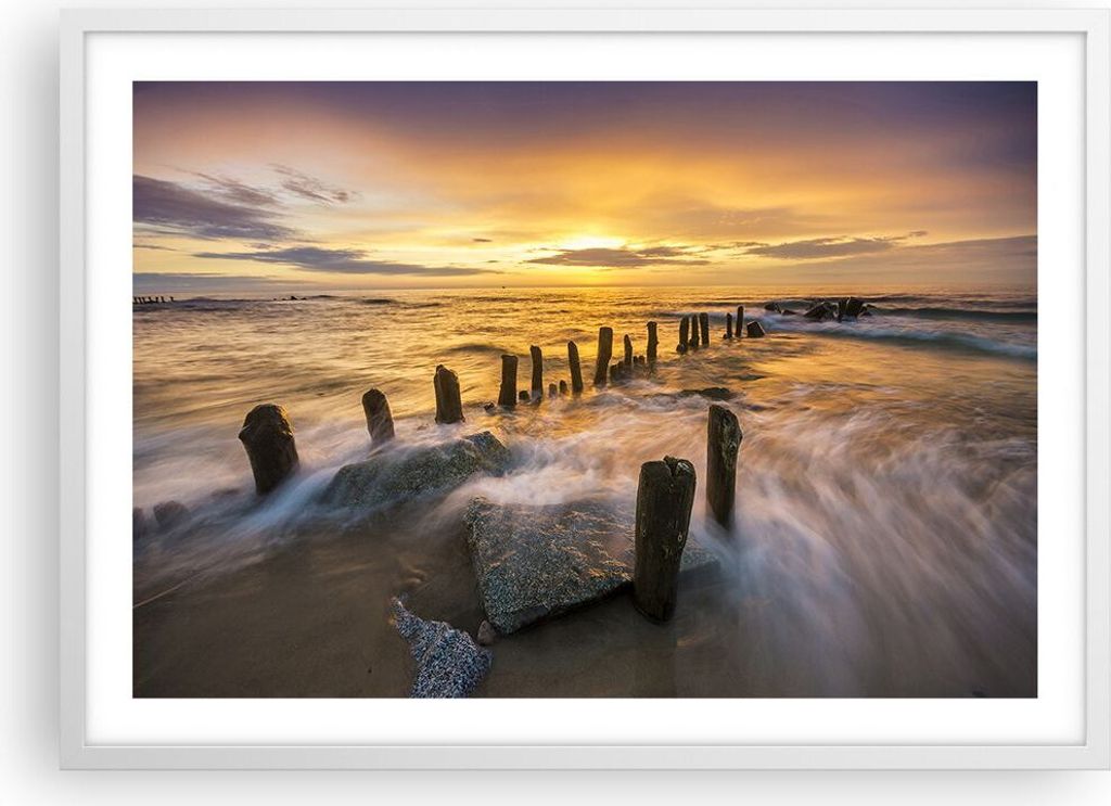 Gerahmtes Poster - Weißer Rahmen - baltisch meer Mole Landschaft - 70x50 cm - Wand Bild - Wanddeko - Wandbilder - Wandposter - Bilderrahmen - Bild...
