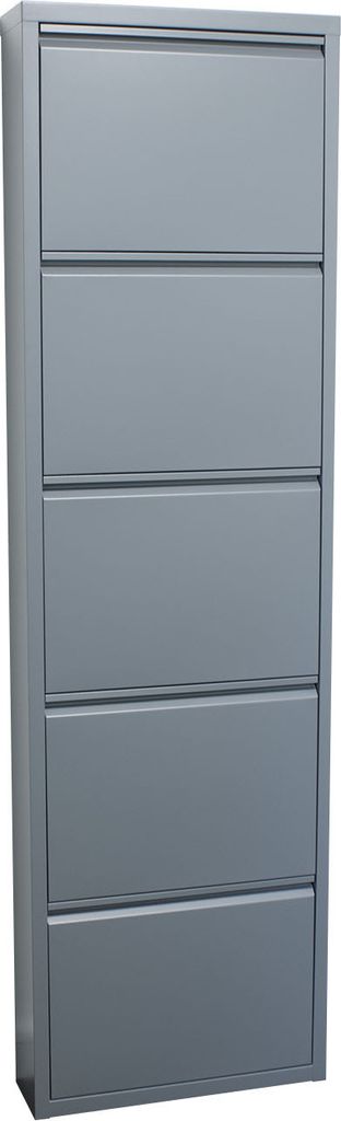 A tall, narrow, gray metal shoe cabinet with five flip-down doors is shown against a white background.