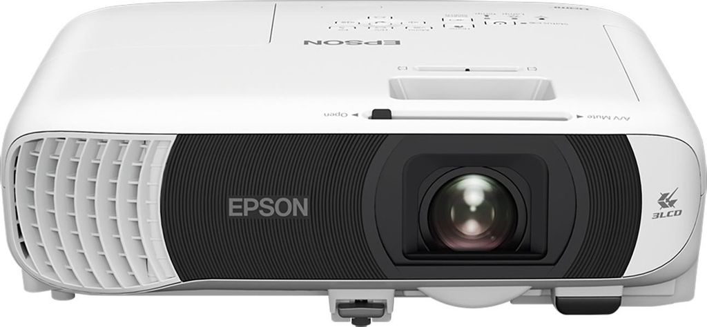 A white Epson projector is shown from the front.