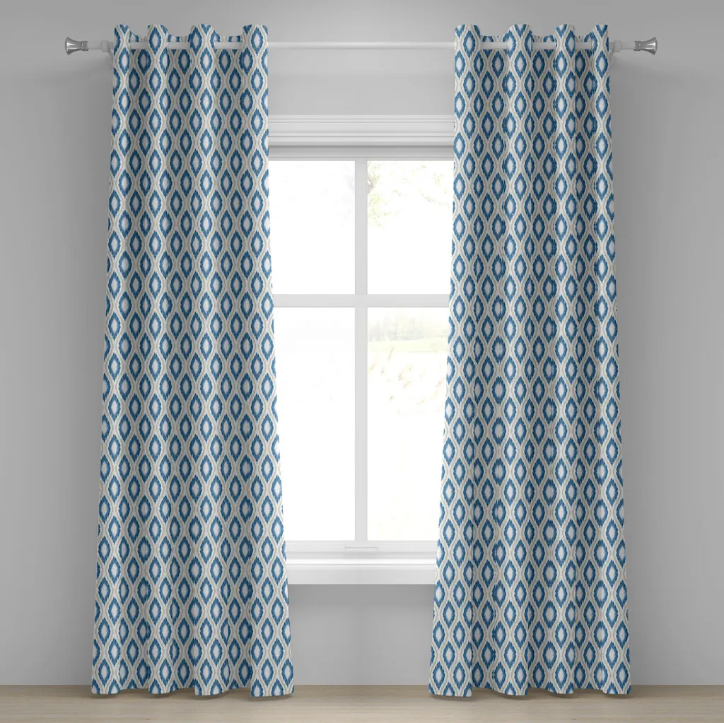 Rideaux imprimés losanges géométriques Ikat Bleu et Beige 280x175 cm