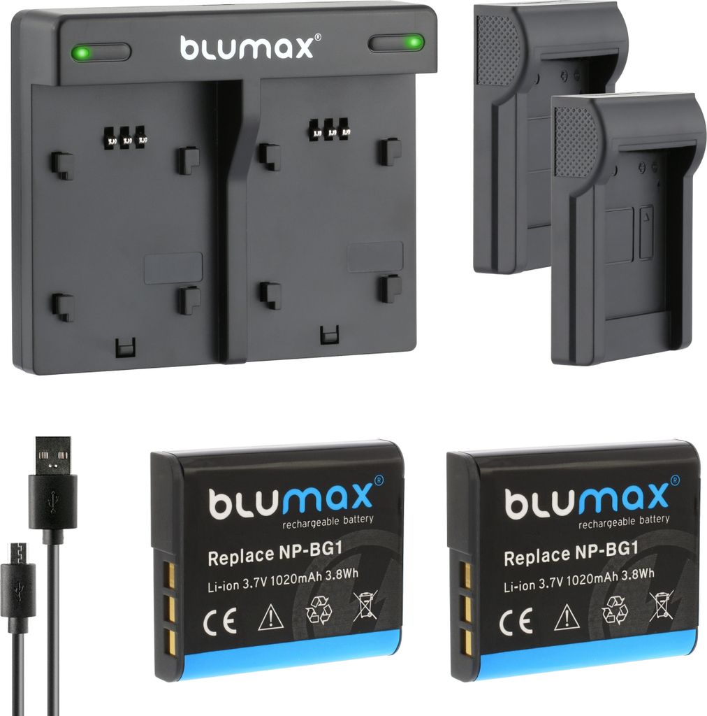 2x Akku + Lader für Sony NP-BG1 DSC-W210, DSC-W215, DSC-W220 NP-FG1 1020 mAh