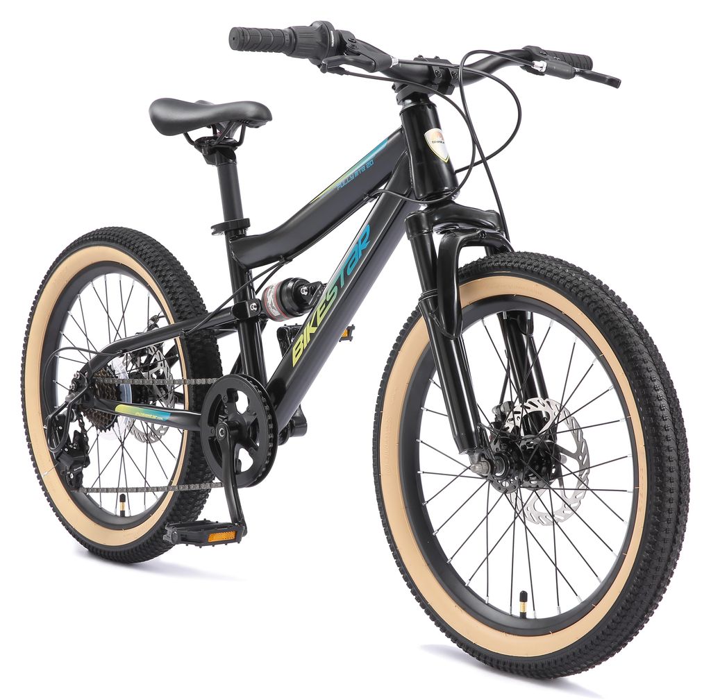 BIKESTAR Kinder Fully Mountainbike 20 Zoll ab 6 Jahre | 7 Gang Shimano, Scheibenbremsen | Schwarz