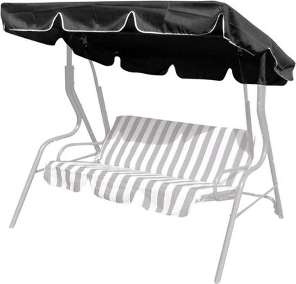 A black canopy and striped seat cushion for a swing set.