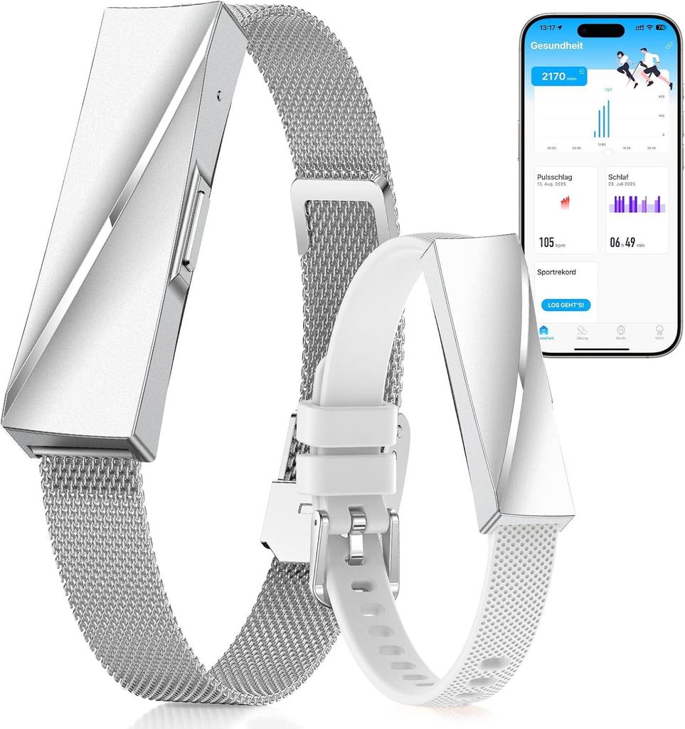 Smart Fitness Tracker Smartwatch ohne Display | Damen Herren | 24/7 Herzfrequenz & Schlafmonitor | IP68 | 15 Tage Akku | Kein Abo | Silber