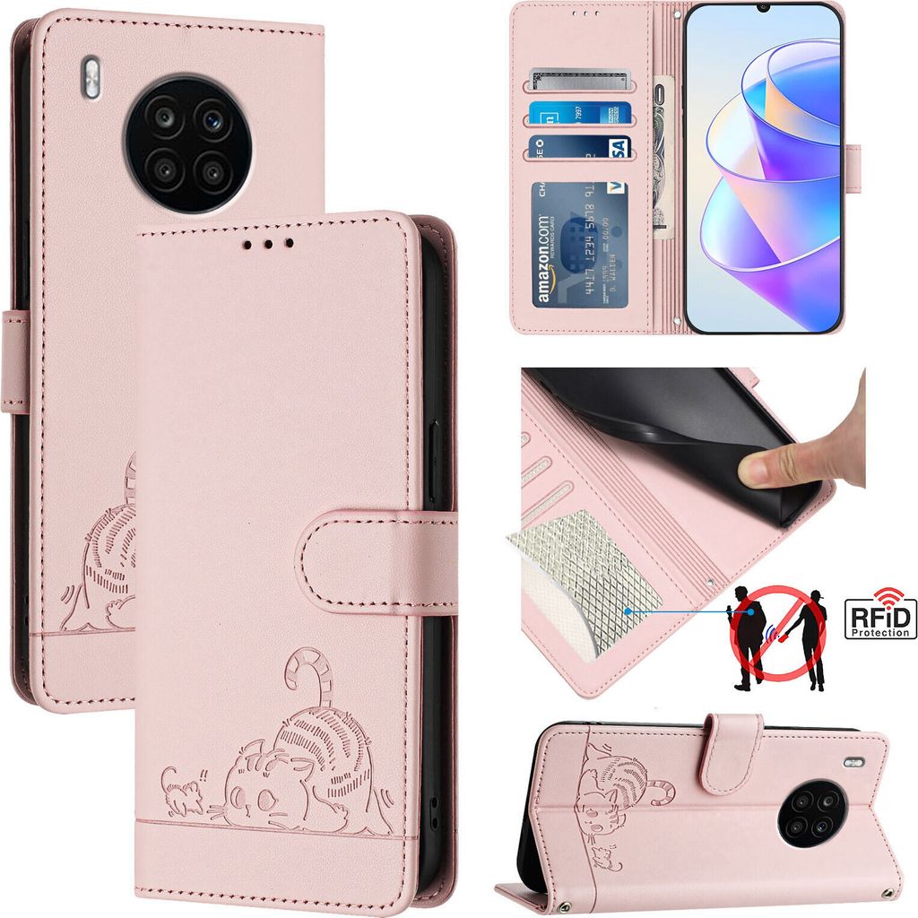 Leder Hülle für Huawei Nova 8i/Honor 50 Lite Süße Katze Flip Case Brieftasche Schutzhülle mit Standfunktion Pink