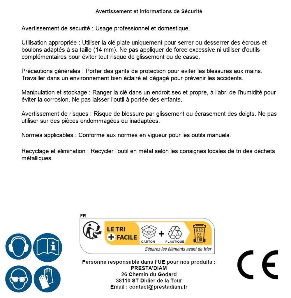 Clé plate 14mm solide pour clé dynamométrique - Acier 14x18