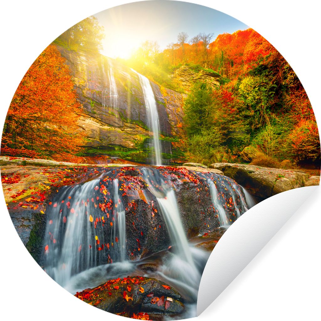 MuchoWow Runde Wandtattoo - Wandsticker Tapete Aufkleber Wasserfall - Natur - Herbst - Rot - Wasser Ø 100 cm Selbstklebend und Repositionierbar ...