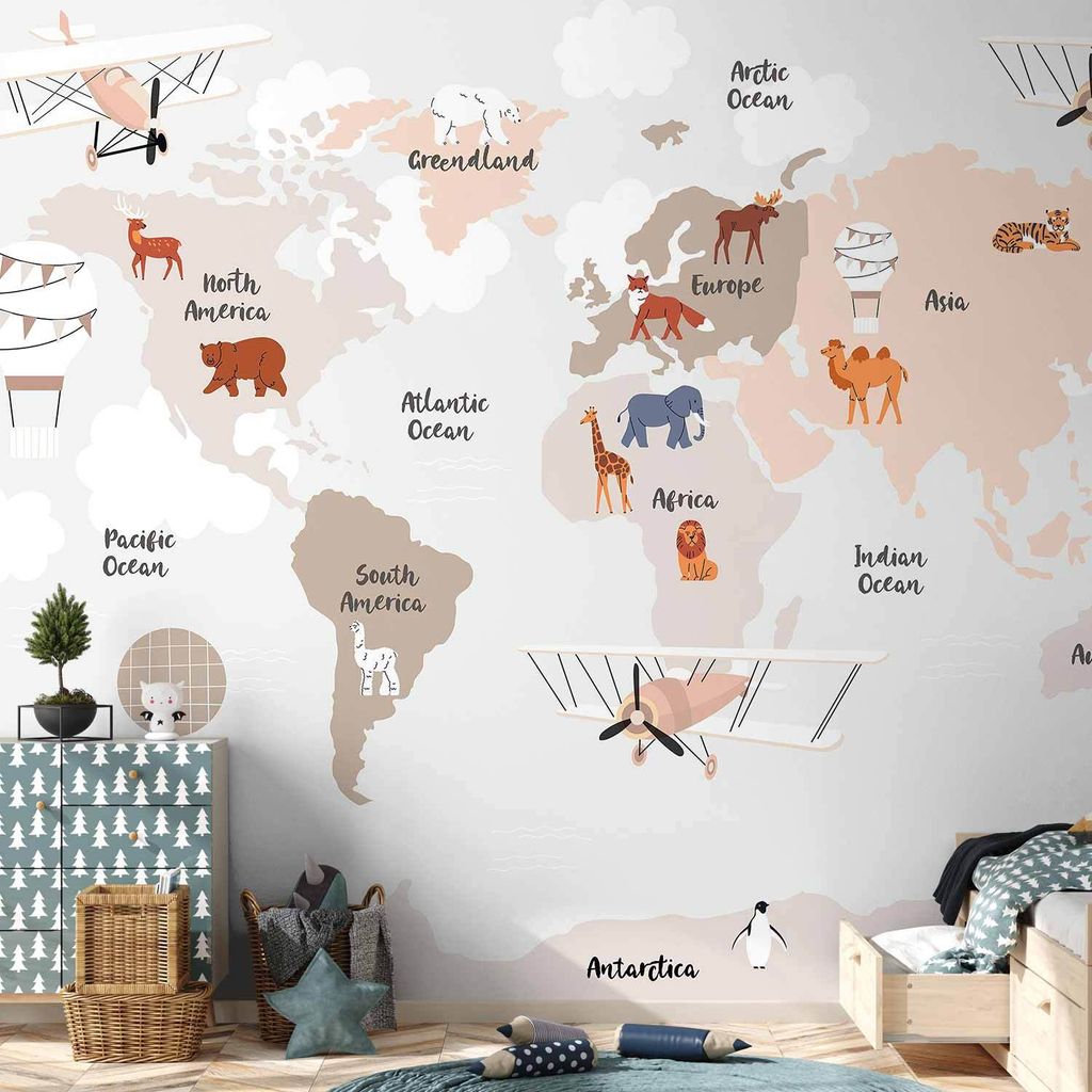 Vlies Fototapete - World Map in Beige Tones for Children's Room 450x315 cm Für Kinder e-C-10086-a-a