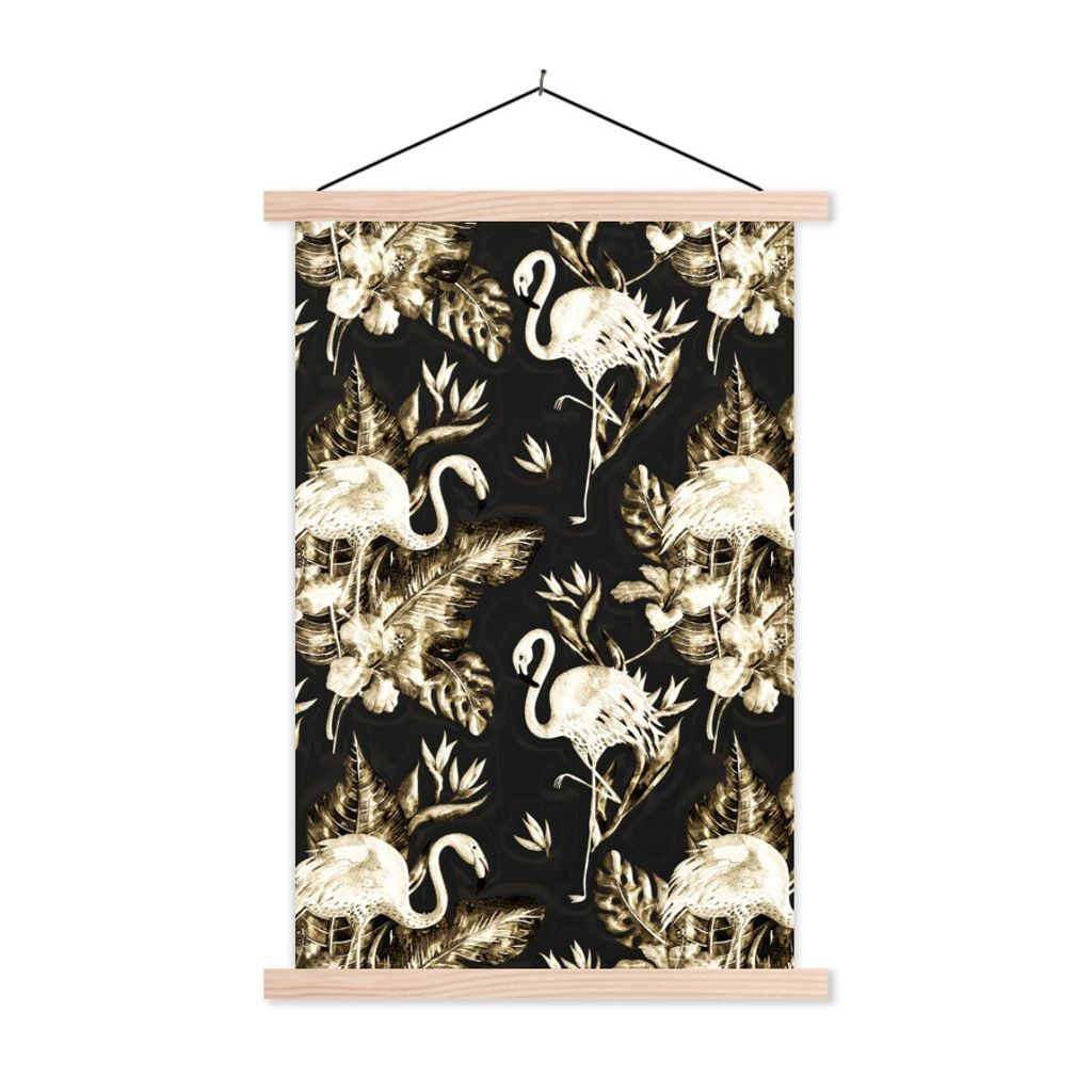 MuchoWow Textilposter Blumen - Gold - Flamingo 60x90 cm mit holzfarbenen Rahmen - Textil