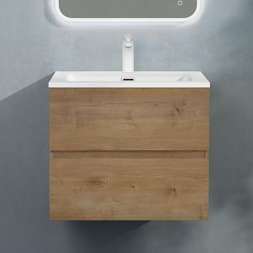 A wall-mounted bathroom vanity with a sink and faucet.