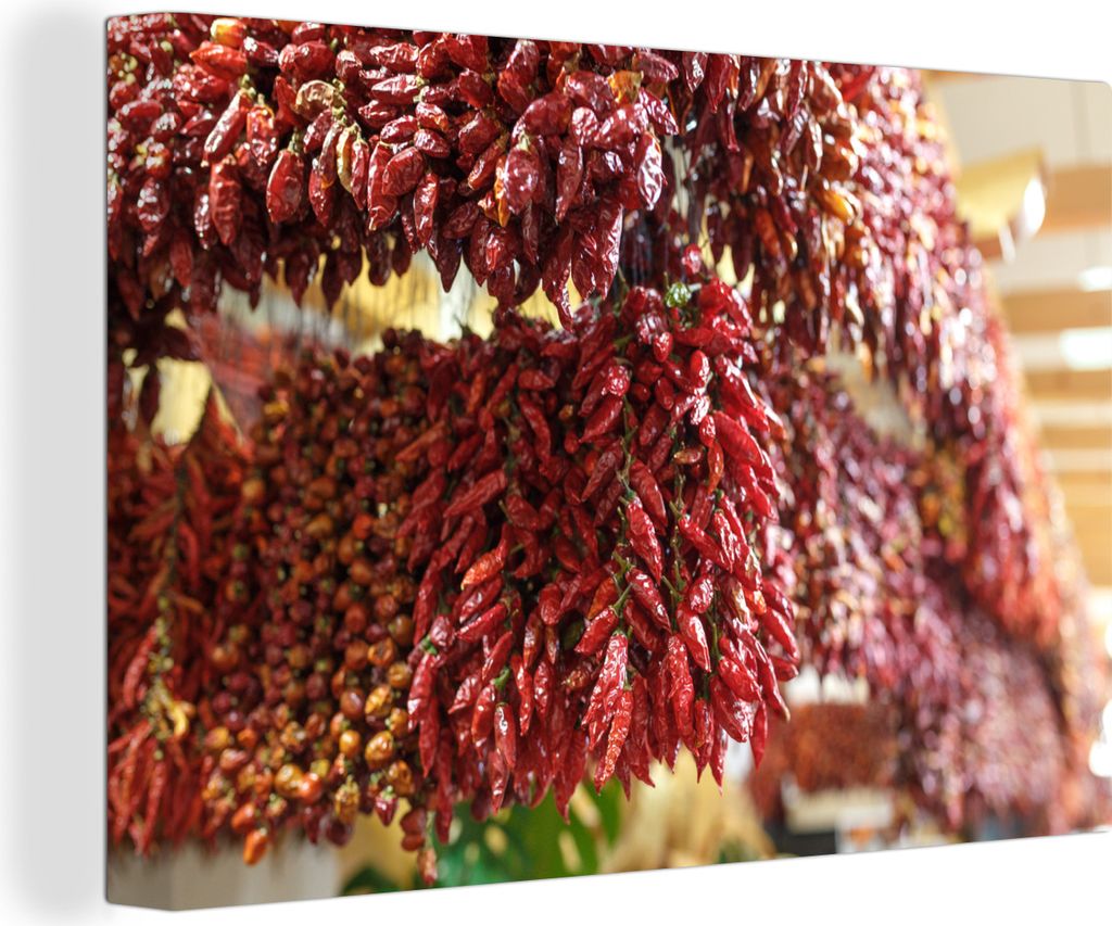 OneMillionCanvasses - Leinwandbilder - 140x90 cm, Getrocknete Chilischoten zum Verkauf auf dem Markt in Portugal, Wandbilder Kunstdruck Wanddekor...
