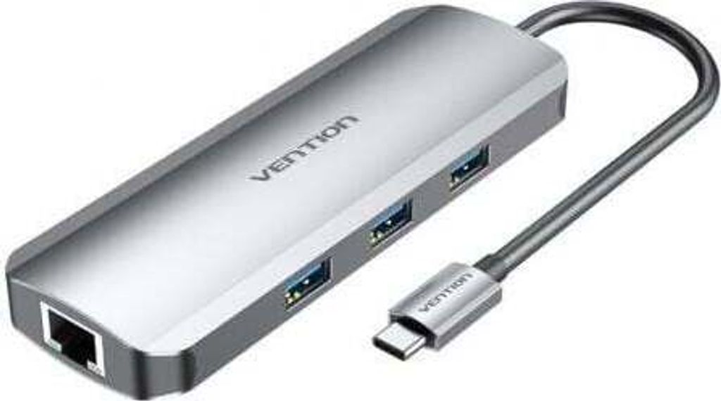 Vention Multifunktions-USB-C zu HDMI/USB3.0x3/RJ45/SD/TF/TRRS 3.5mm/PD Docking Station 0.15M Grau Aluminium-Legierung Typ