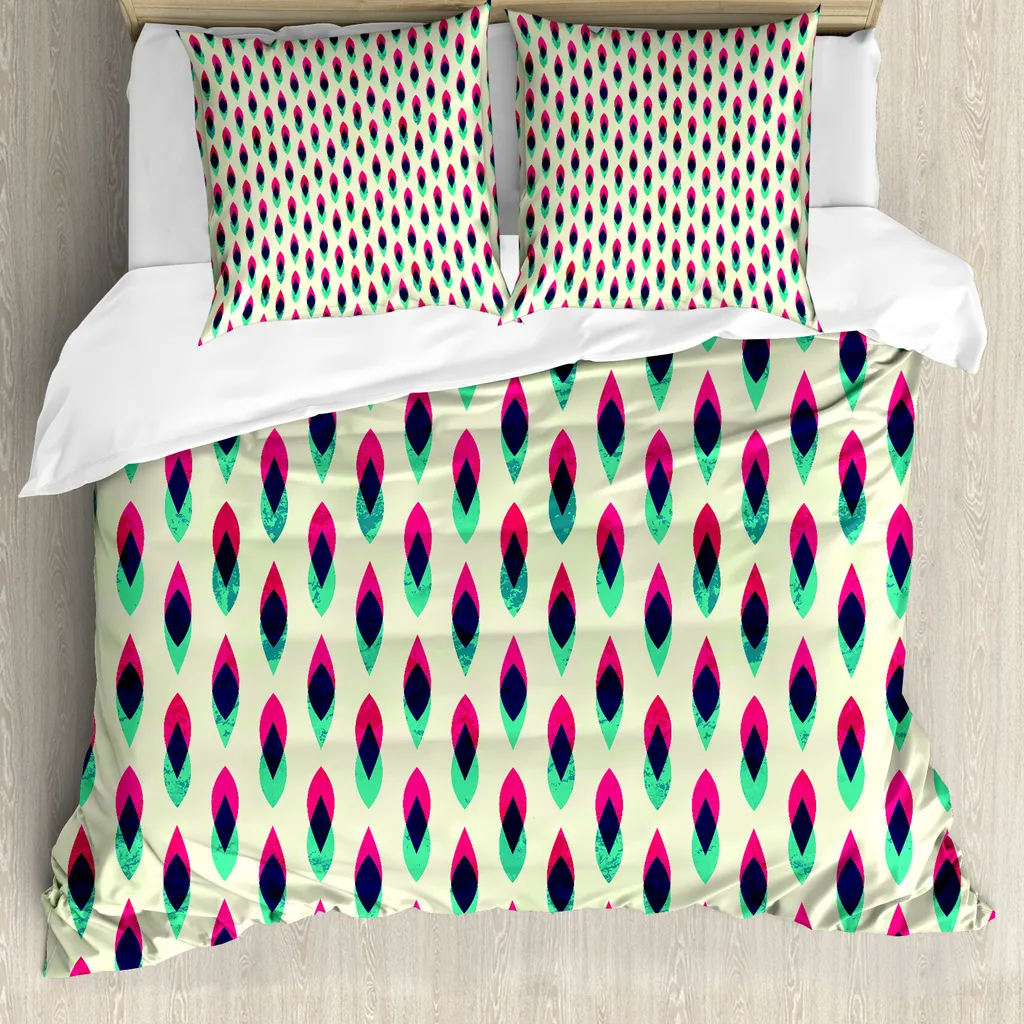 ABAKUHAUS Copripiumino vintage, motivo geometrico Curve, antiacaro, adatto a chi soffre di allergie, con federe, 155 cm x 220 cm - 80 x 80 cm, blu, rosso e crema