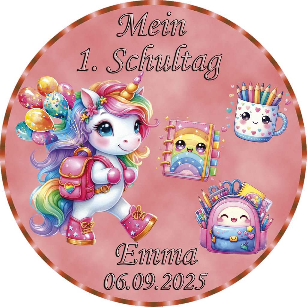 Tortenaufleger Tortendeko Fototorte Tortenbild Einhorn Regenbogen Einschulung Schulanfang 1. Schultag Schuleinführung SE06 (Zuckerpapier) Rund 20 ...