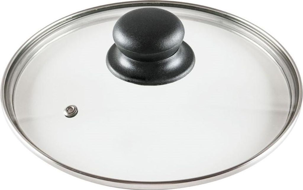 A glass pot lid with a black handle and a stainless steel rim, shown from a top-down perspective against a white background.