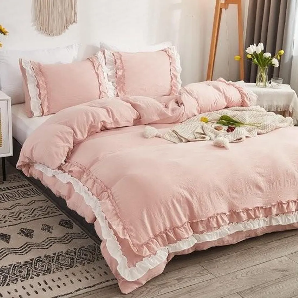 Housse de couette douce à volants rose 220x240 cm avec zip pratique
