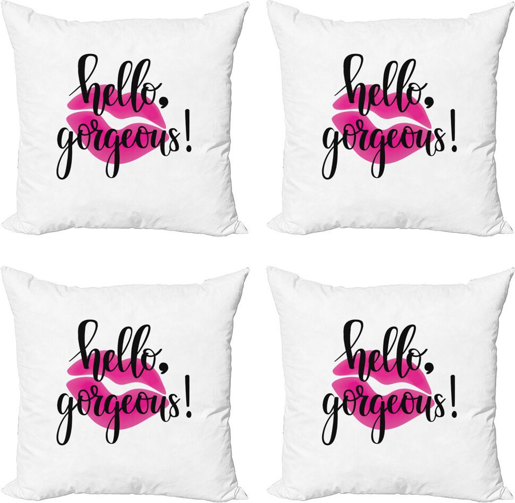 ABAKUHAUS Hallo Wunderschöne Kissenbezug Set (4 Stück), rosa Lippenstift, Moderner Doppelseitiger Digitaldruck, 40 cm x 40 cm, Schwarz Weiß und ...