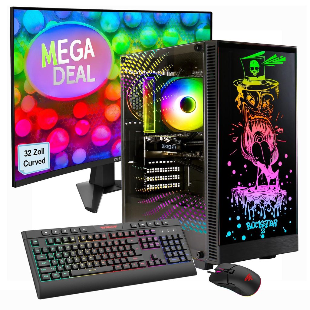GAMEMAX Gaming-PC Rockstar Komplett SET Ryzen 5 7500F 32GB DDR5 1TB SSD RTX 5060Ti + MSI MAG 32C6 Monitor, Curved 80cm (32"), Maus, Tastatur