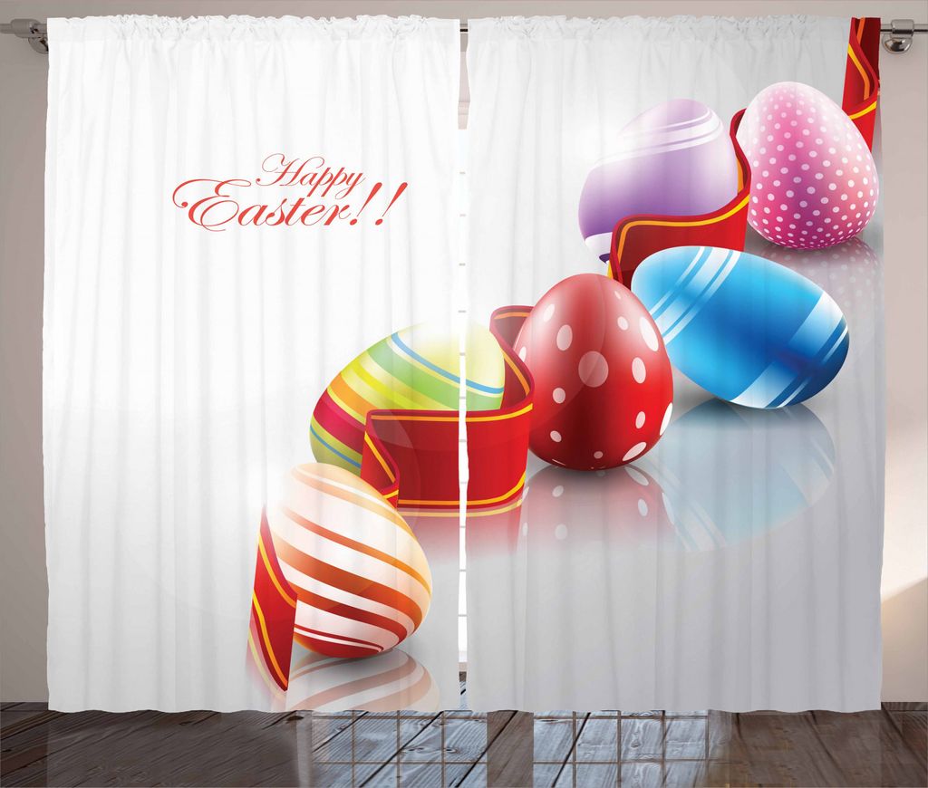 ABAKUHAUS Ostern Rustikaler Vorhang, Band und bunte Eier, Wohnzimmer Universalband Gardinen mit Schlaufen und Haken, 280 x 225 cm, Mehrfarbig