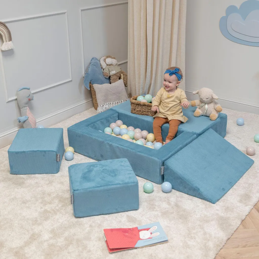 Divano Gioco KiddyMoon Modulare Blu Scuro: Tessuto a Coste e Palline - 6