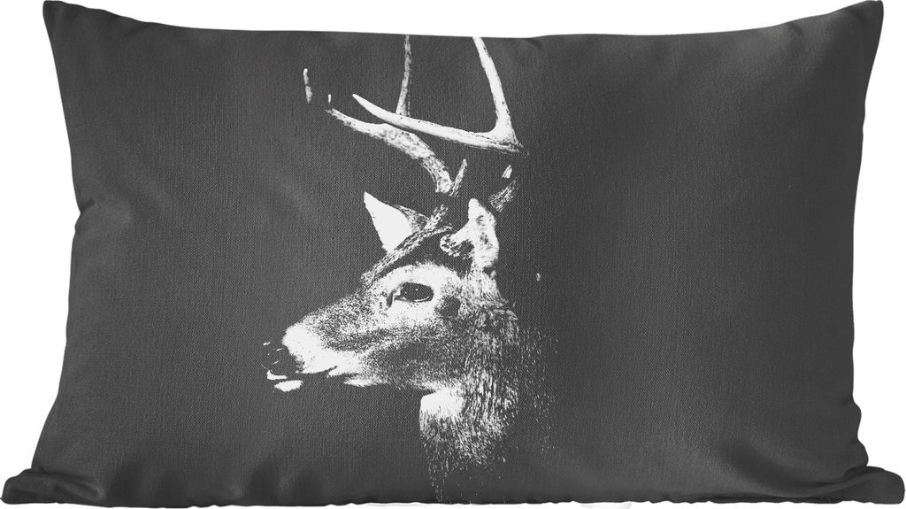 MuchoWow Zierkissen Sofakissen Wohnzimmer Dekokissen 50x30 cm Hirsch - Porträt - Schwarz und weiß - Wohnzimmerdekoration - Polster mit Photo