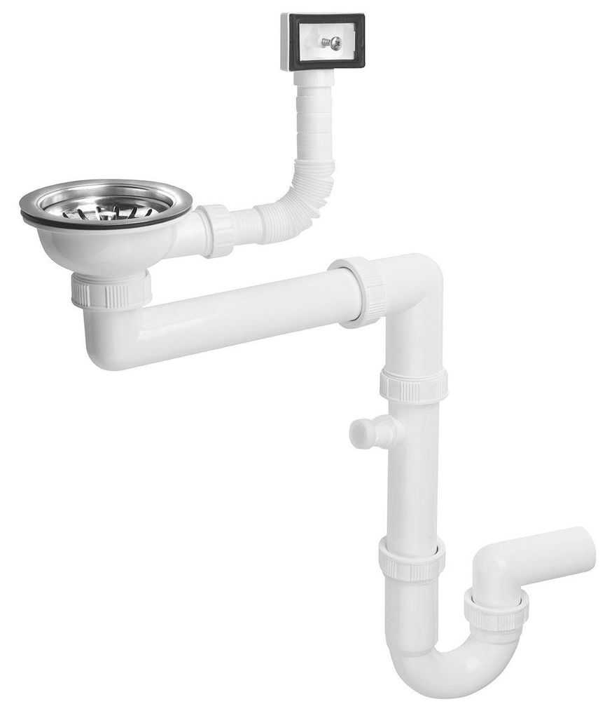 Bruckner Spülbecken-Siphon raumsparend, mit Überlauf und Produktbild 
