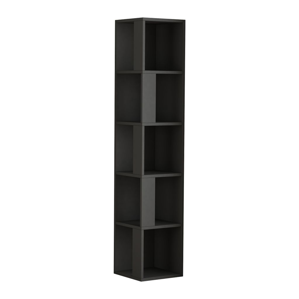 A tall, narrow, dark gray bookshelf with five cubic compartments.