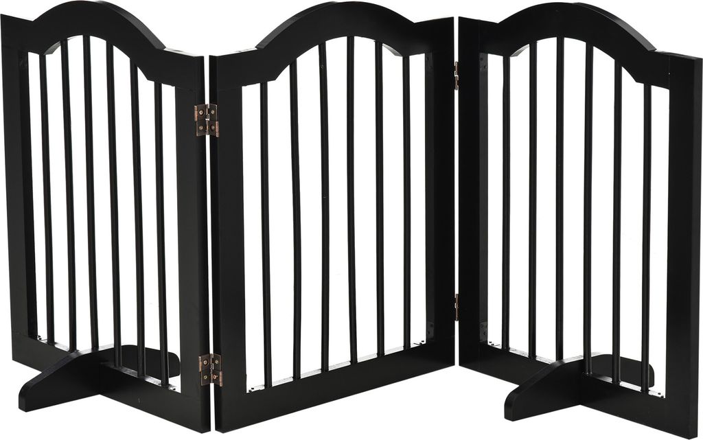 A black, three-panel pet gate is shown standing freely on a white background.