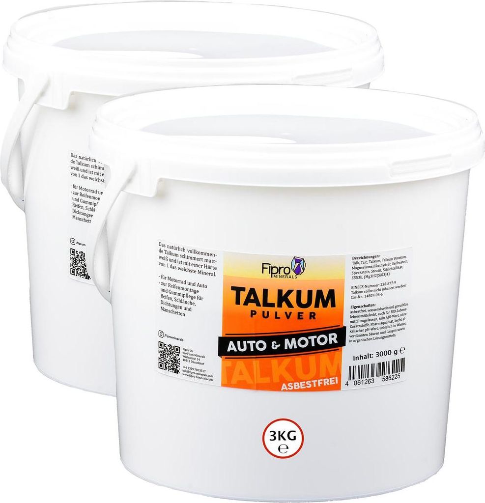 Talkum für Gummipflege Reifenmontage 2x 3kg Eimer Asbestfrei & aus 100% Talc Talk, Talkumpuder ohne Zusatzstoffe - für die direkte Anwendung an S...