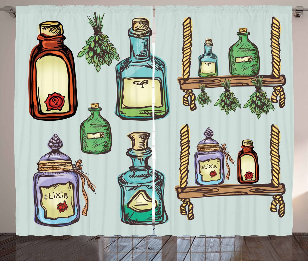 ABAKUHAUS Apotheker Rustikaler Gardine, Alchemy magische Elixier, Schlafzimmer Kräuselband Vorhang mit Schlaufen und Haken, 280 x 175 cm, Mehrfarbig