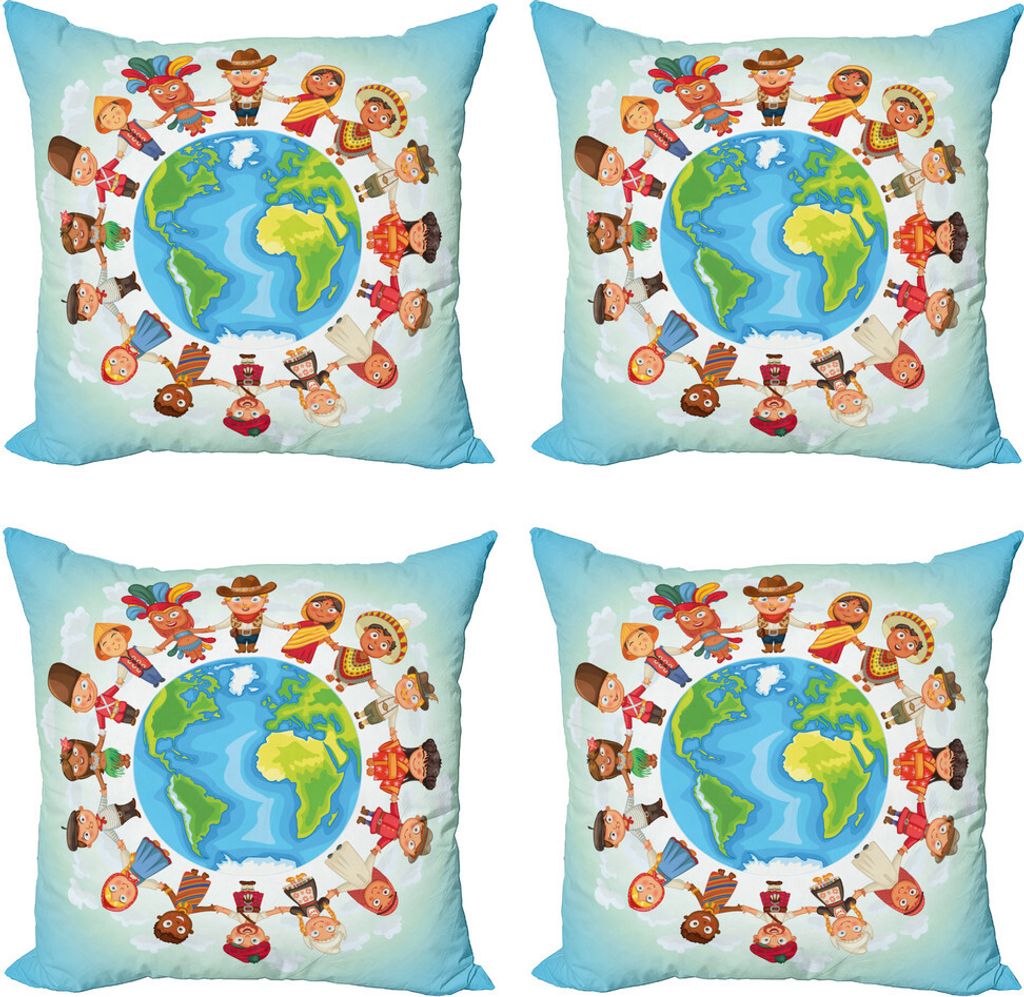 ABAKUHAUS Erdig Kissenbezug Set (4 Stück), Planet Erde mit Kindern, Moderner Doppelseitiger Digitaldruck, 40 cm x 40 cm, Mehrfarbig