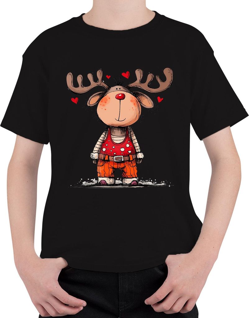 Niedliches Rentier rote Nase Herzen Weihnachten Geschenk Cartoon Uni Kinder T-Shirt, Schwarz, 140