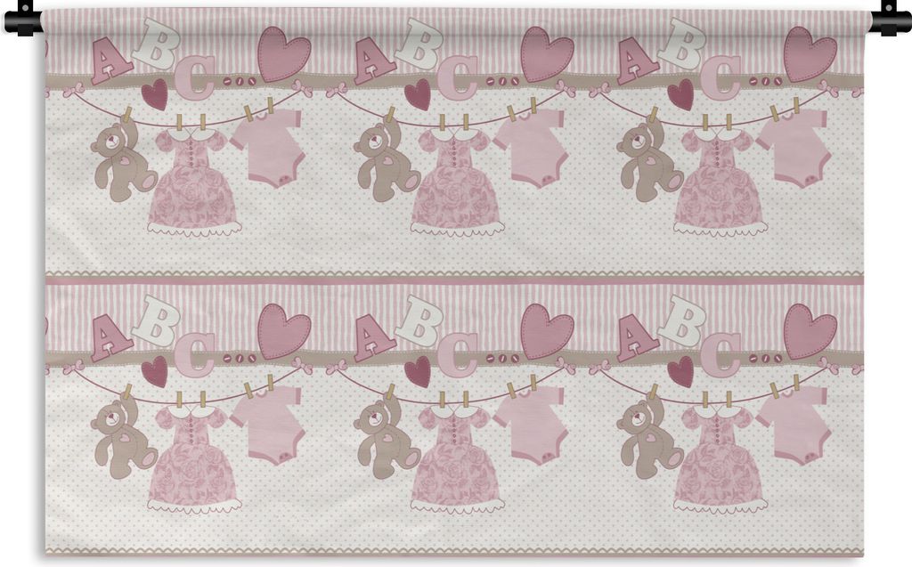 MuchoWow Wandteppich Wandbehang Babykleidung - Mädchen - Teddybär - Wäscheleine - Design 120x80 cm Tapisserie Dekoration Wandtuch - Wanddekora...